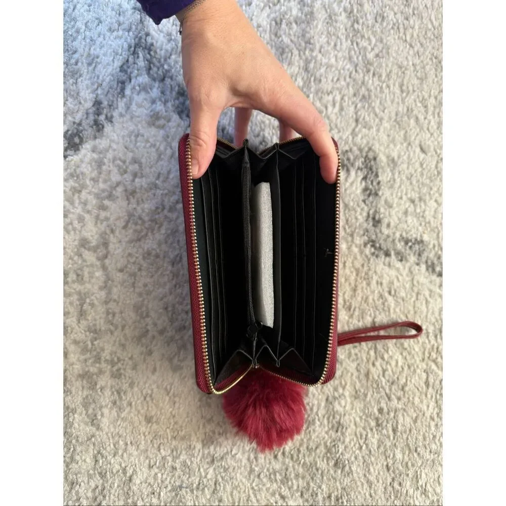 NWT Kendall & James Burgundy Zip Top Wallet with Poof Ball Keychain